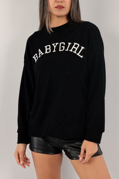 Siyah Nakışlı Havlu Kumaş Sweat 132392