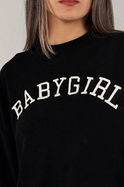 Siyah Nakışlı Havlu Kumaş Sweat 132392