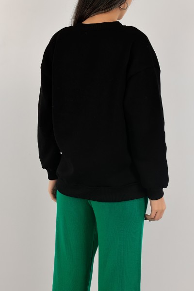 Siyah Nakışlı İçi Şardonlu Bayan Sweat 139391