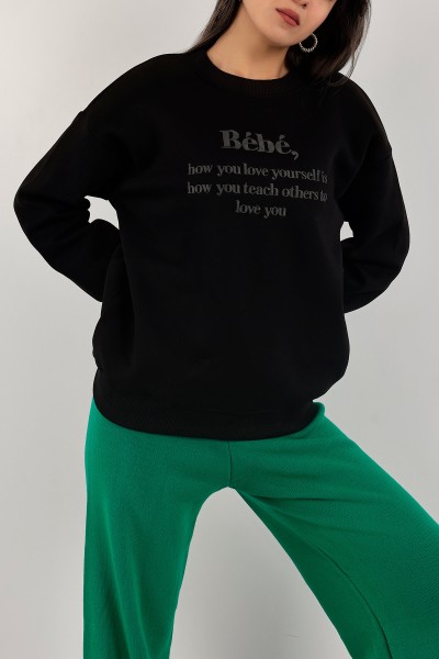 Siyah Nakışlı İçi Şardonlu Bayan Sweat 139391