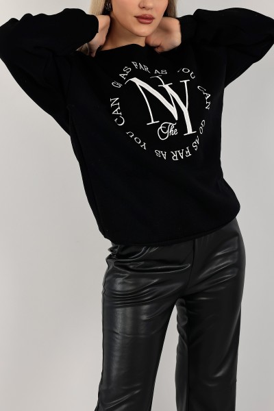 Siyah Nakışlı İçi Şardonlu Bayan Sweat 141566