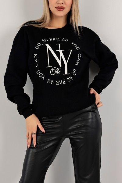 Siyah Nakışlı İçi Şardonlu Bayan Sweat 141566