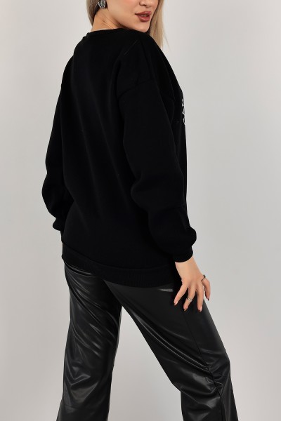 Siyah Nakışlı İçi Şardonlu Bayan Sweat 141566