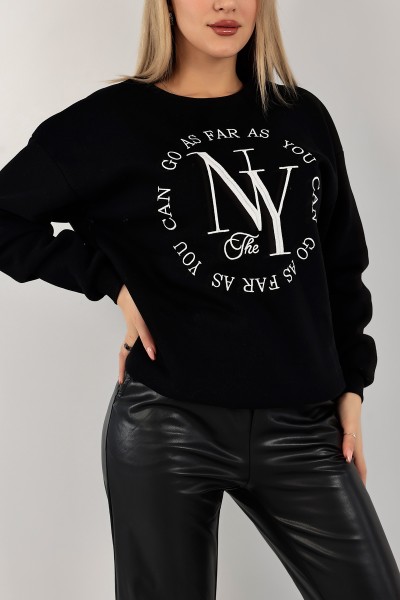 Siyah Nakışlı İçi Şardonlu Bayan Sweat 141566