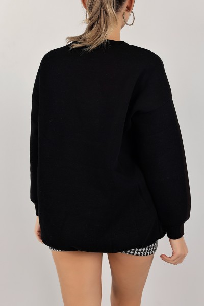 Siyah Nakışlı İçi Şardonlu Bayan Sweat 142967