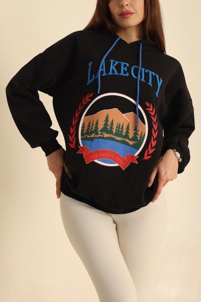 Siyah Nakışlı İçi Şardonlu Bayan Sweat 218425