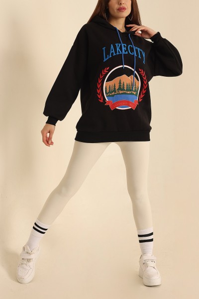 Siyah Nakışlı İçi Şardonlu Bayan Sweat 218425