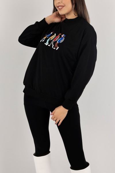 Siyah Nakışlı İki İp Sweat 132091