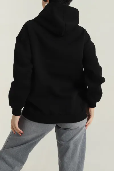 Siyah Nakışlı Kapşonlu Şardonlu Üç İp Kadın Sweat 417962
