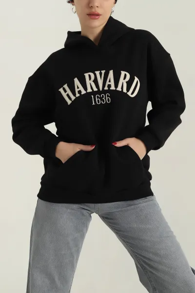 Siyah Nakışlı Kapşonlu Şardonlu Üç İp Kadın Sweat 417962