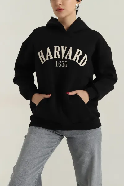 Siyah Nakışlı Kapşonlu Şardonlu Üç İp Kadın Sweat 417962