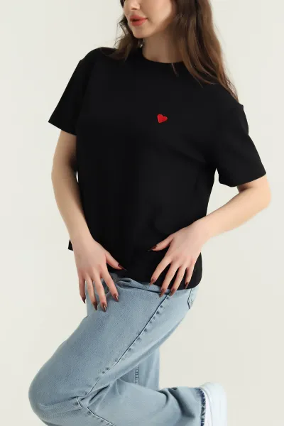 Siyah Nakışlı Modal Kadın Tişört 430624