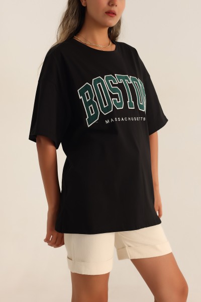 Siyah Nakışlı Oversize Bayan Tişört 192593