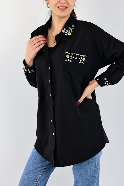 Siyah Nakışlı Poplin Gömlek Tunik 96452