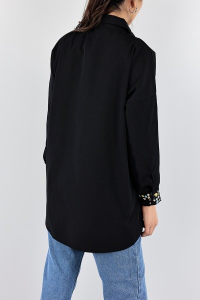 Siyah Nakışlı Poplin Gömlek Tunik 96452