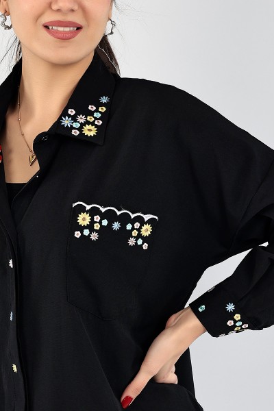Siyah Nakışlı Poplin Gömlek Tunik 96452