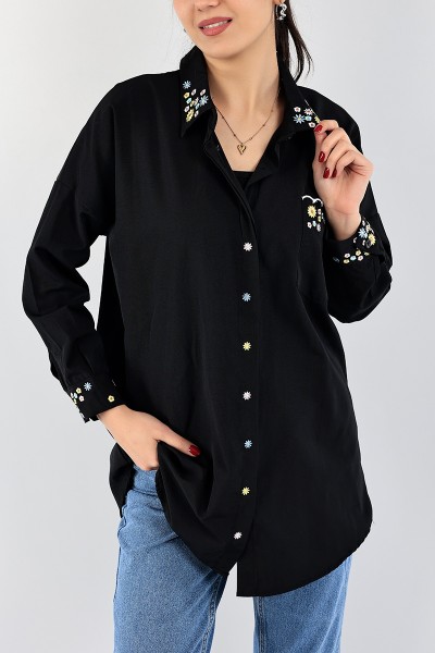 Siyah Nakışlı Poplin Gömlek Tunik 96452