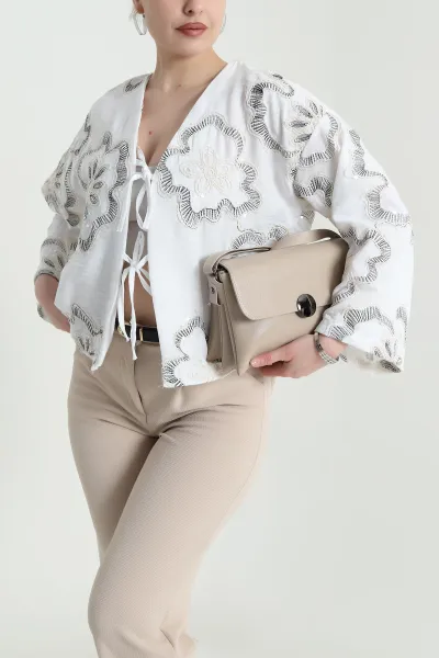 Siyah Nakışlı Pullu Müslin Kadın Kimono 461508