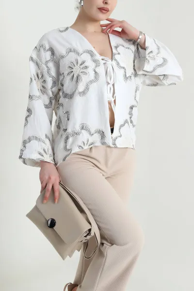 Siyah Nakışlı Pullu Müslin Kadın Kimono 461508