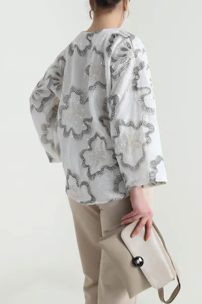 Siyah Nakışlı Pullu Müslin Kadın Kimono 461508