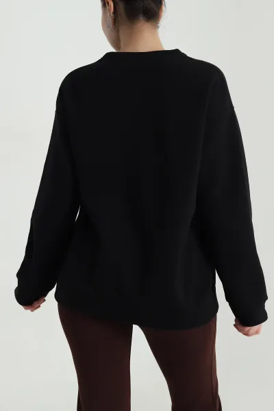 Siyah Nakışlı Şardonlu Kadın Fermuarsız Sweat 498271