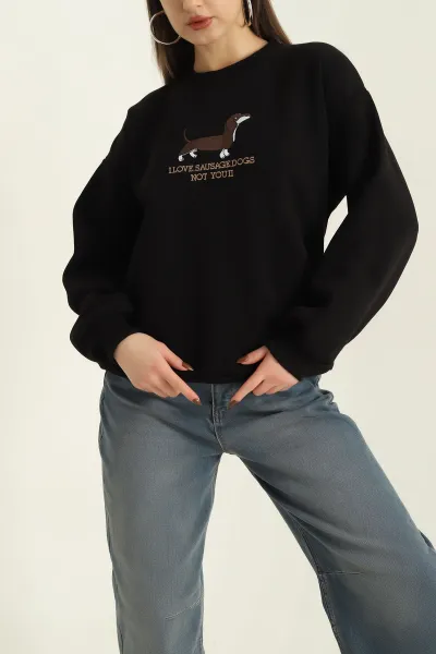 Siyah Nakışlı Şardonlu Üç İp Bayan Sweat 329631
