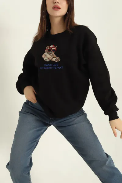 Siyah Nakışlı Şardonlu Üç İp Bayan Sweat 329640