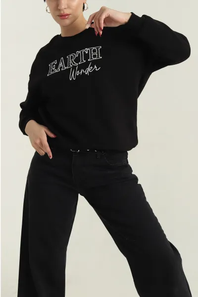 Siyah Nakışlı Şardonlu Üç İp Kadın Sweat 418320