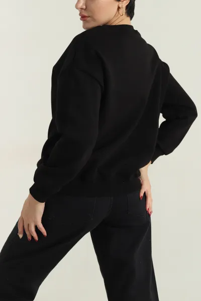 Siyah Nakışlı Şardonlu Üç İp Kadın Sweat 418320