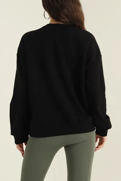 Siyah Nakışlı Şardonlu Üç İp Kadın Sweat 418322