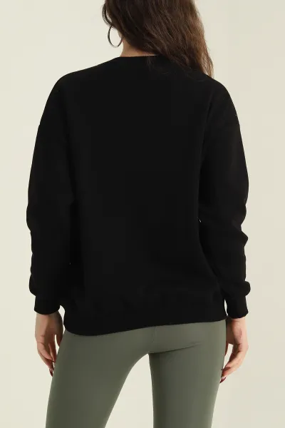 Siyah Nakışlı Şardonlu Üç İp Kadın Sweat 418344