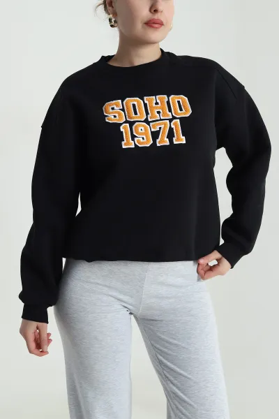 Siyah Nakışlı Şardonlu Üç İp Kadın Sweat 493600