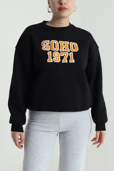 Siyah Nakışlı Şardonlu Üç İp Kadın Sweat 493600