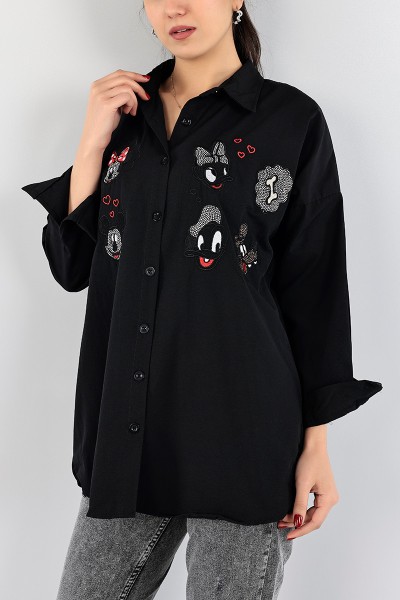 Siyah Nakışlı Taş İşlemeli Poplin Gömlek Tunik 96459