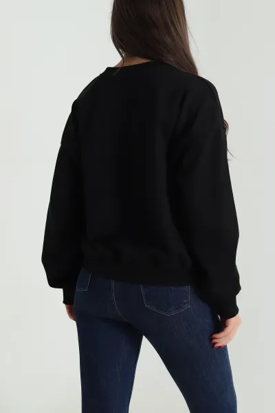 Siyah Nakışlı Üç İp Kadın Sweat 492464