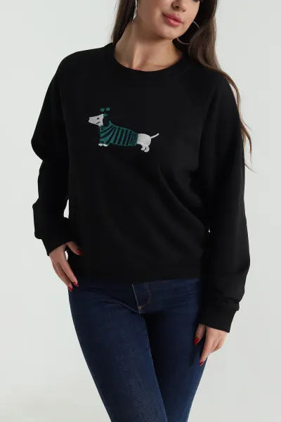Siyah Nakışlı Üç İp Kadın Sweat 492594