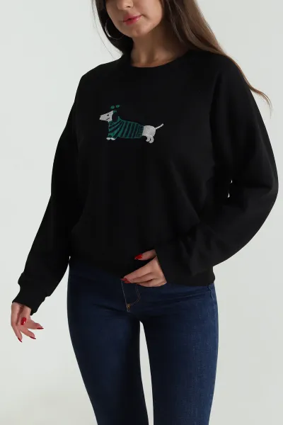 Siyah Nakışlı Üç İp Kadın Sweat 492594