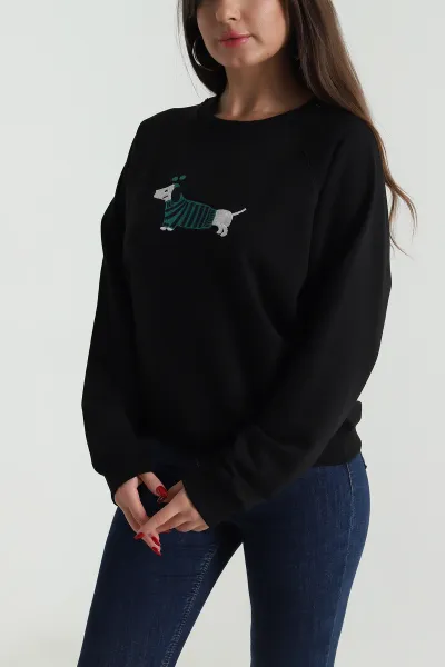Siyah Nakışlı Üç İp Kadın Sweat 492594