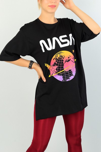 Siyah Nasa Baskı Bayan Tişört 70472