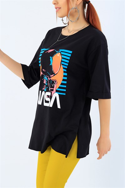 Siyah Nasa Baskı Duble Kol Bayan Tişört 33935