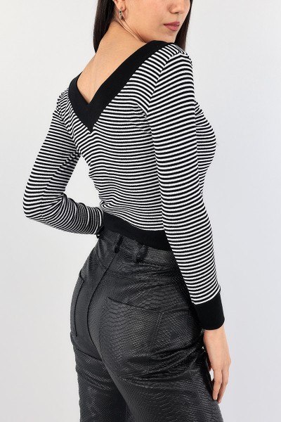 Siyah Ön Arka V Yaka Fitilli Bluz 90745