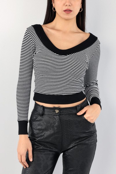 Siyah Ön Arka V Yaka Fitilli Bluz 90745