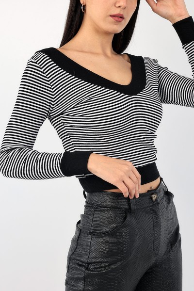 Siyah Ön Arka V Yaka Fitilli Bluz 90745
