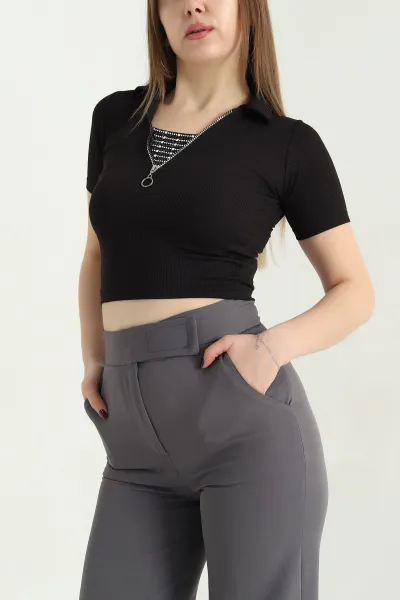 Siyah Ön Detay Fermuarlı Bluz 340315