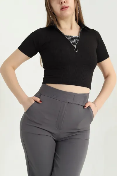 Siyah Ön Detay Fermuarlı Bluz 340315