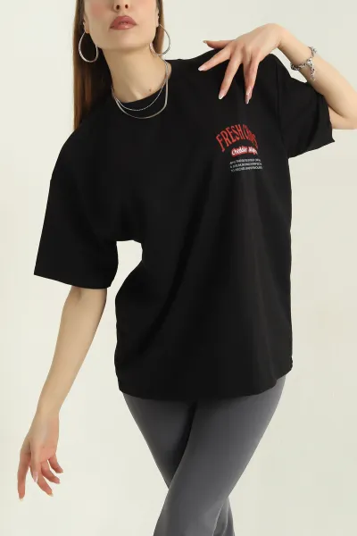 Siyah Ön ve Arka Baskılı İki İp Bisiklet Yaka Kadın Tişört 357333