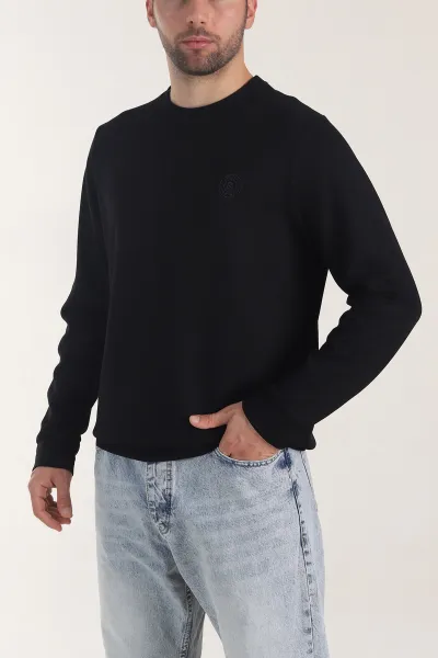 Siyah Osyho Kumaş Bisiklet Yaka Erkek Sweatshirt 407677
