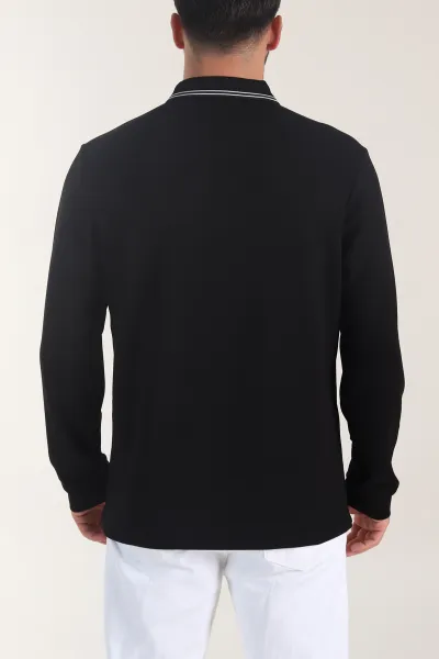 Siyah Osyho Kumaş Çizgili Polo Yaka Erkek Sweatshirt 406058