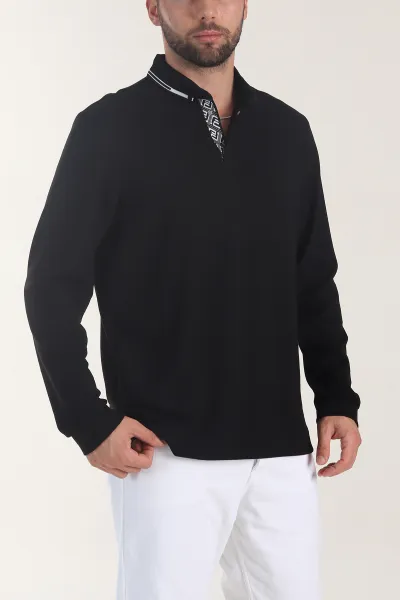 Siyah Osyho Kumaş Çizgili Polo Yaka Erkek Sweatshirt 406058