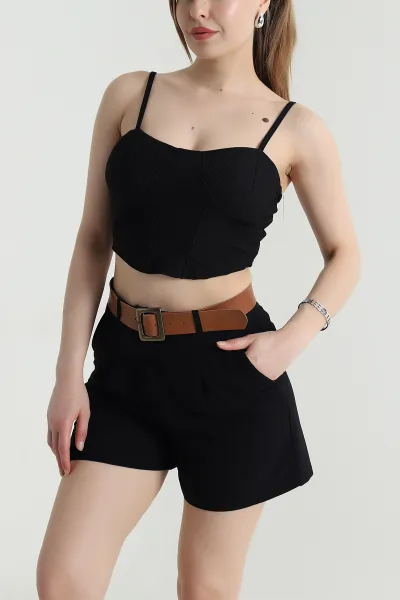 Siyah Ottoman Kumaş Crop Bluz 466106